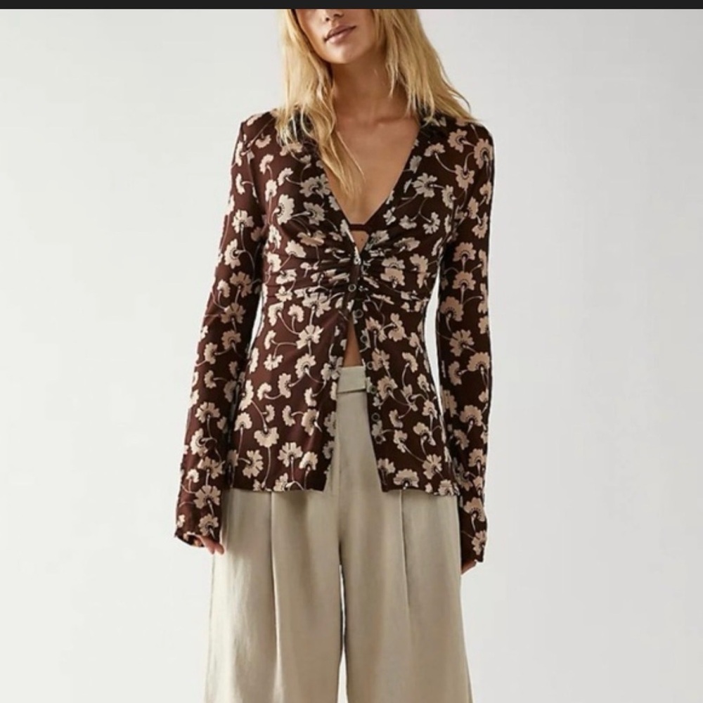Free People Lucky Mesh sheer button up size medium brown and cream floral